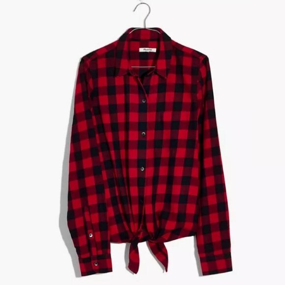 Madewell Tie Front Red Black Plaid Shirt Flannel Size XS Buffalo Check Cranberry - Picture 12 of 12